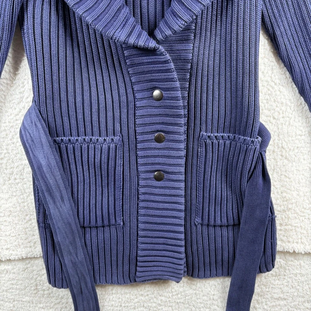 Free People Ryanne Long Haul Chunky Knit Cardigan Blue Ribbed Belt Heavy Boho L